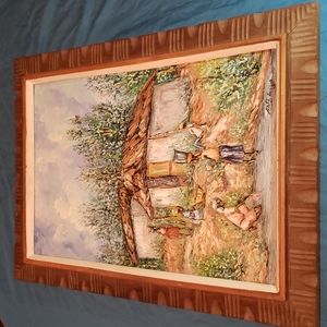 Vintage Haitian Fritz Louizor Village Scene Impressionistic Oil Painting